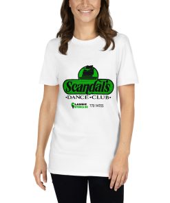 This is a green and black t-shirt design logo for alt="Scandals dance club in Classic Victoria B.C." It has a man hiding watching suspiciously