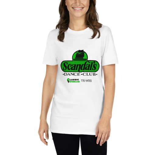 This is a green and black t-shirt design logo for alt="Scandals dance club in Classic Victoria B.C." It has a man hiding watching suspiciously